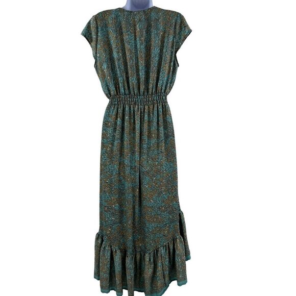 Luck Star Ibiza 100% Silk High Low Button Up Midi Dress Ruffled Hem Unique Print - Picture 3 of 16